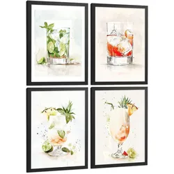 POSTER 4er Set Cocktails und Wein Wandbilder Bunte Gläser Negroni Tropical Aquarell Bar Küche Deko Schwarzer Rahmen A3