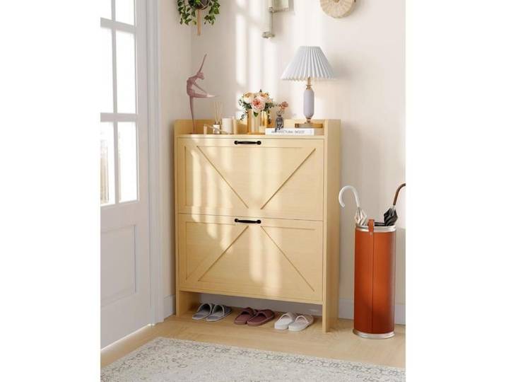 Meuble à chaussures étroit gain de place entrée 2 tiroirs rabattables design compact moderne
