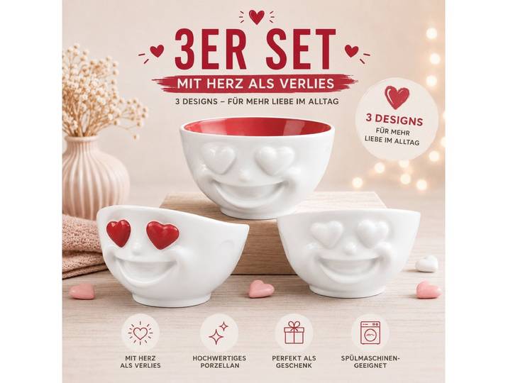 FIFTYEIGHT PRODUCTS Müslischale FIFTYEIGHT 3-er Set Schale 500ml „Herzlich“, rubin und weiß, Porzellan, (3er Set, 3-tlg), Made in Germany