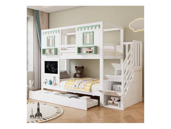 REDOM Etagenbett mit Lochbrett und 5 Holzhaken, Stauraumtreppe, zwei Schubladen (Kinderbett Gästebett, 90x200cm), ohne Matratze