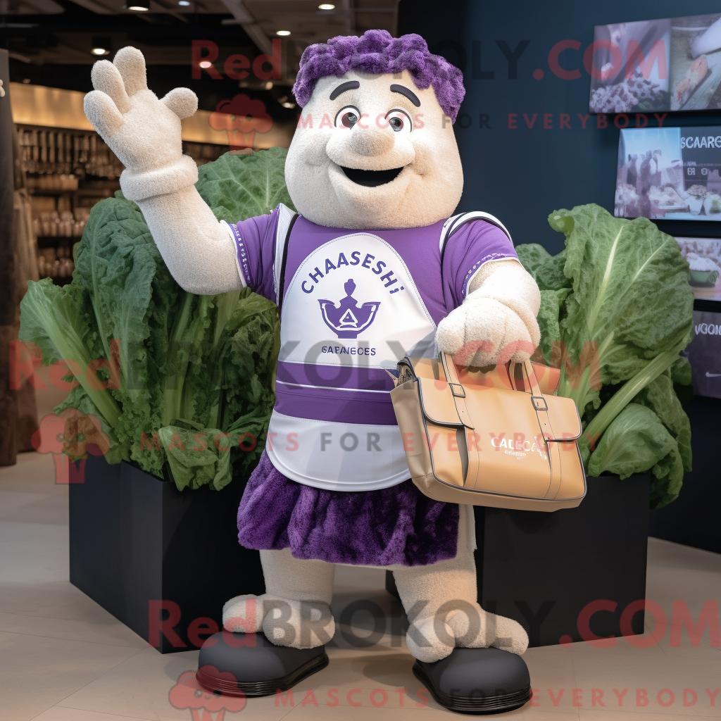 Maskottchenfigur REDBROKOLY eines Lavendel-Caesar-Salats mit Rugby-Shirt und Aktentasche