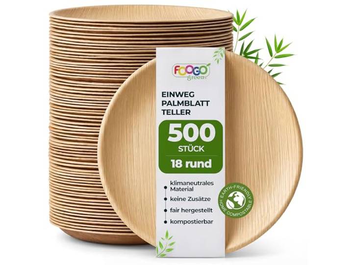 FOOGO Green Palmblatt-Teller rund 300 Stück Ø 18 cm Einweggeschirr kompostierbar & naturbelassen – extra stabil & fettresistent – nachhaltiges Einweggeschirr für Party & BBQ