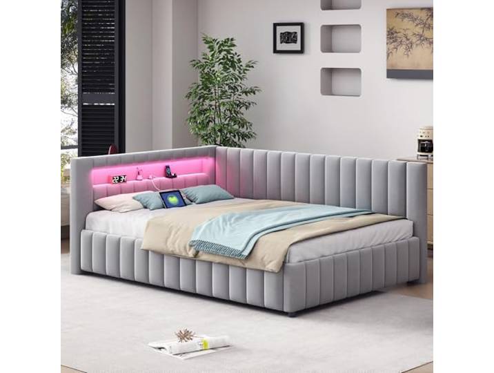 Ball & Cast Sofabett (140x200cm) mit Lichtleiste und USB-Ladeanschluss, Tagesbett mit Gepolstertes aus Samtstoff, Einfach & Zeitsparend Montierbar, Grau