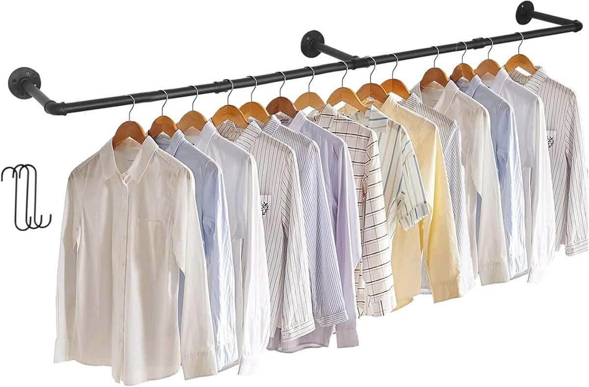 unho Industriële Wandgemonteerde Kledingstang - Zwart IJzeren Pijp Kledingrek - 180 cm