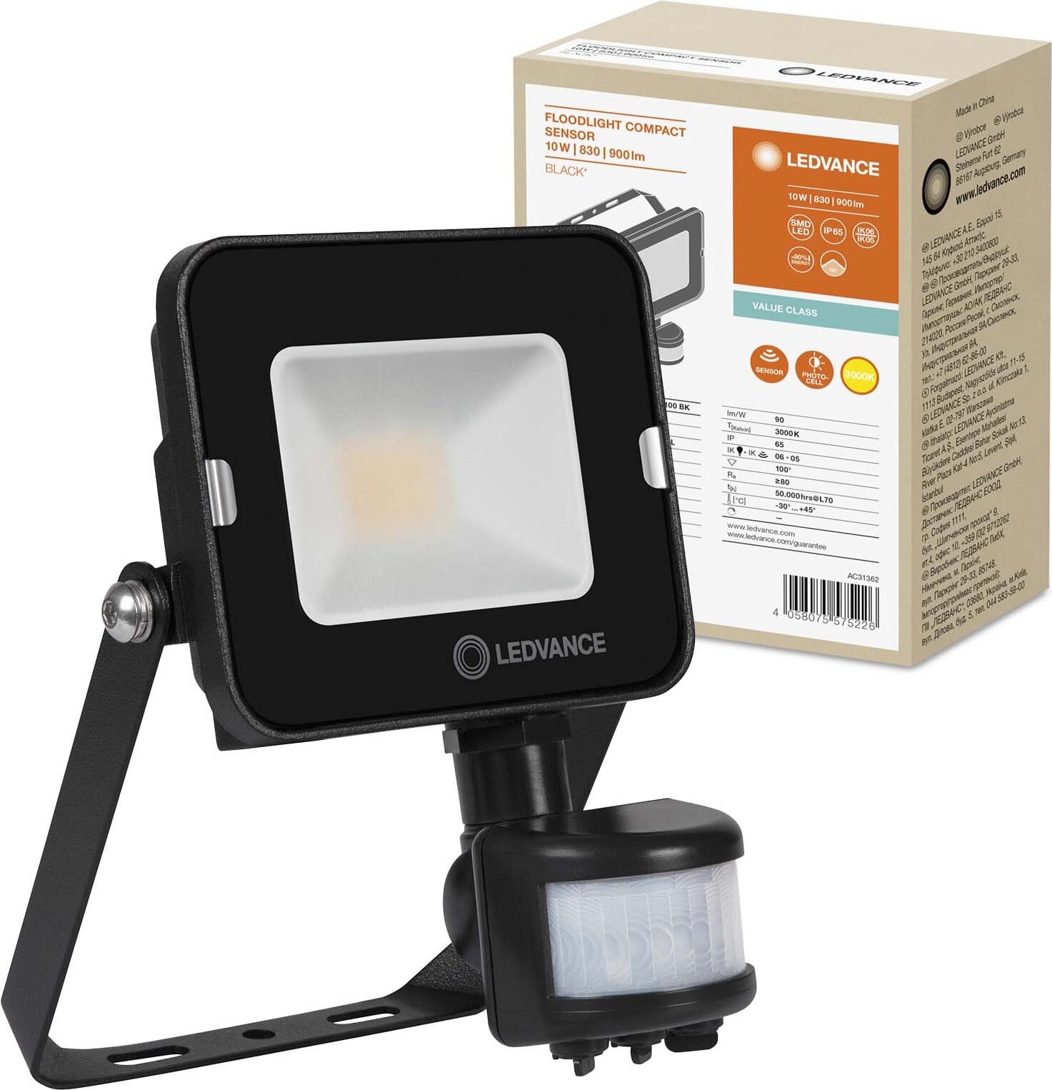 Ledvance LED-schijnwerper buitenlamp 10W 900lm 3000K zwart met bewegings- en schemersensor IP65