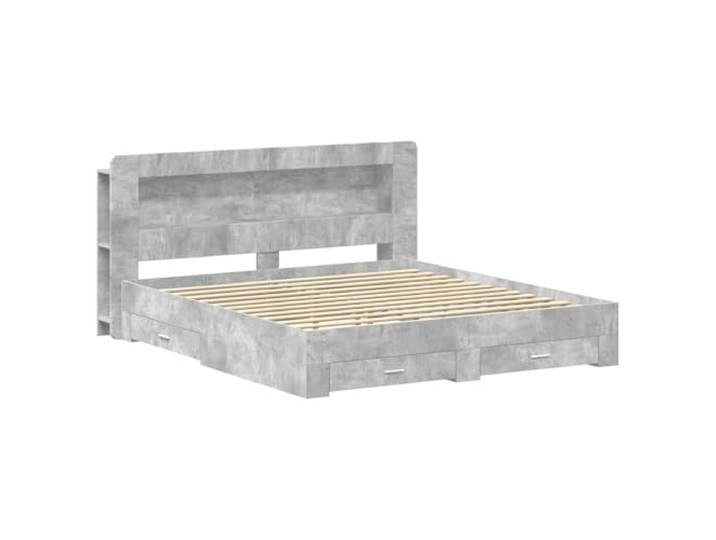 PUGYNBK Bettgestell mit Aufbewahrung, Betongrau Langlebiges Holz, integrierte Schubladen, vertikale Regale, einfache Montage, modernes Design