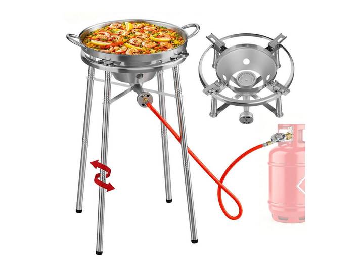 HOMELUX Gaskocher Paellaset Gasbrenner, 3,8 kW Propan Kochsystem Komplett Set für Paella, (Set, 2-St., mit Schlauch 150 cm und 30 mbar Gas Regler Druckminderer), mit 41cm Paellapfanne, Windschutzscheibe, für Wok, Grillplatte