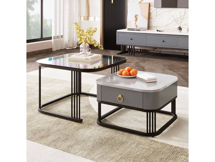 Table basse empilable - Design imbriqué - Aspect marbre haute brillance - Plateau en verre incolore
