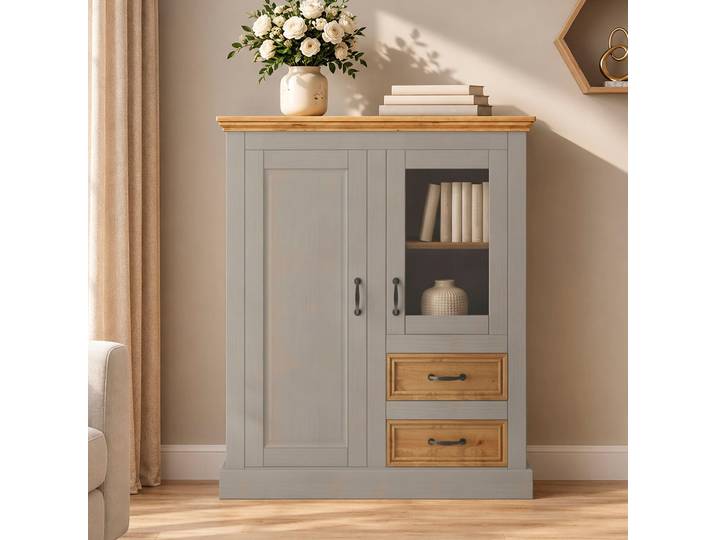 Highboard GOODPRODUCT Selma , grau (grau, beize), B:100cm H:120cm T:38cm, Sideboards, Highboard, Vitrine, Breite 100 cm
