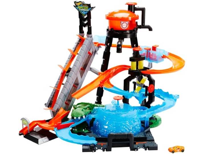 Hot Wheels City Ultimative Krokodil-Waschstation & 1 Farbwechseleffekt Auto Riesige Waschanlagen-Strecke mit Auto, wechselt die Farbe in eiskaltem & warmem Wasser, FTB67