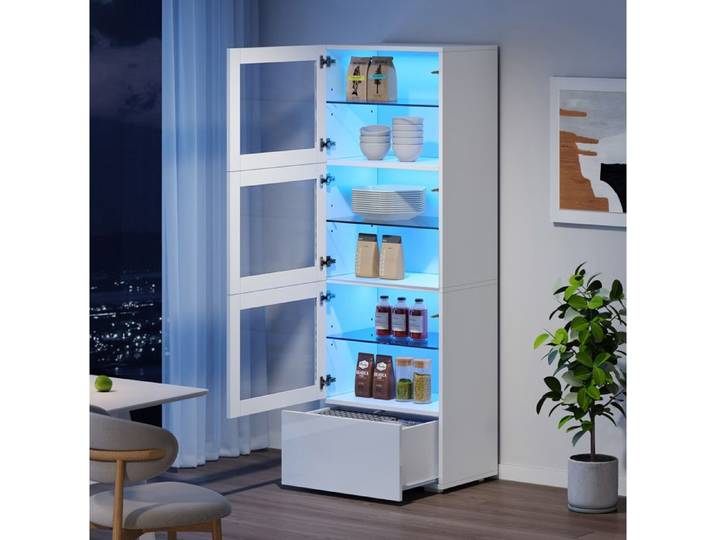 ULEVR Vitrine blanche 60 x 40 x 173 cm 3 portes en acrylique 1 tiroir LED façade brillante