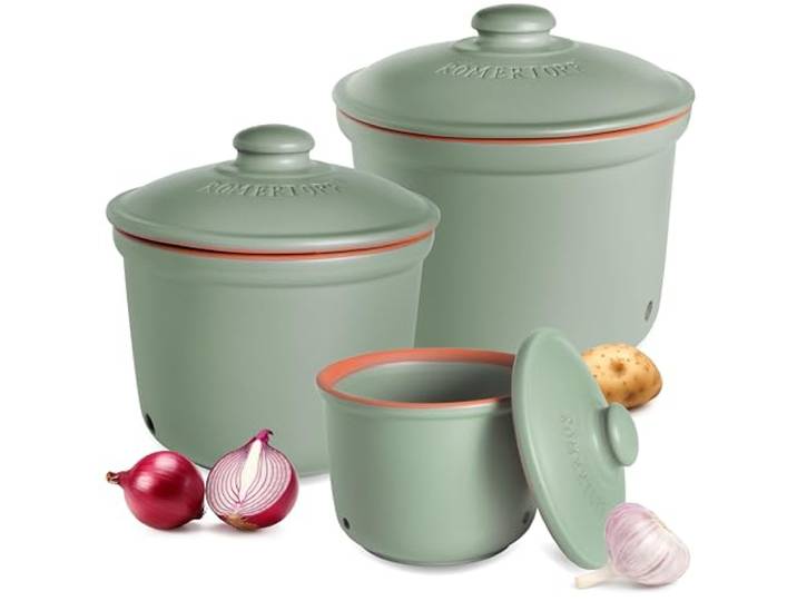 Romertopf Kartoffeltopf Zwiebeltopf Knoblauchtopf 3er Set, Grün Belüftete Keramiktöpfe in MINI, MAXI und MAXI PLUS zum dunklen Lagern von Kartoffeln, Zwiebeln und Knoblauch, Handwäsche