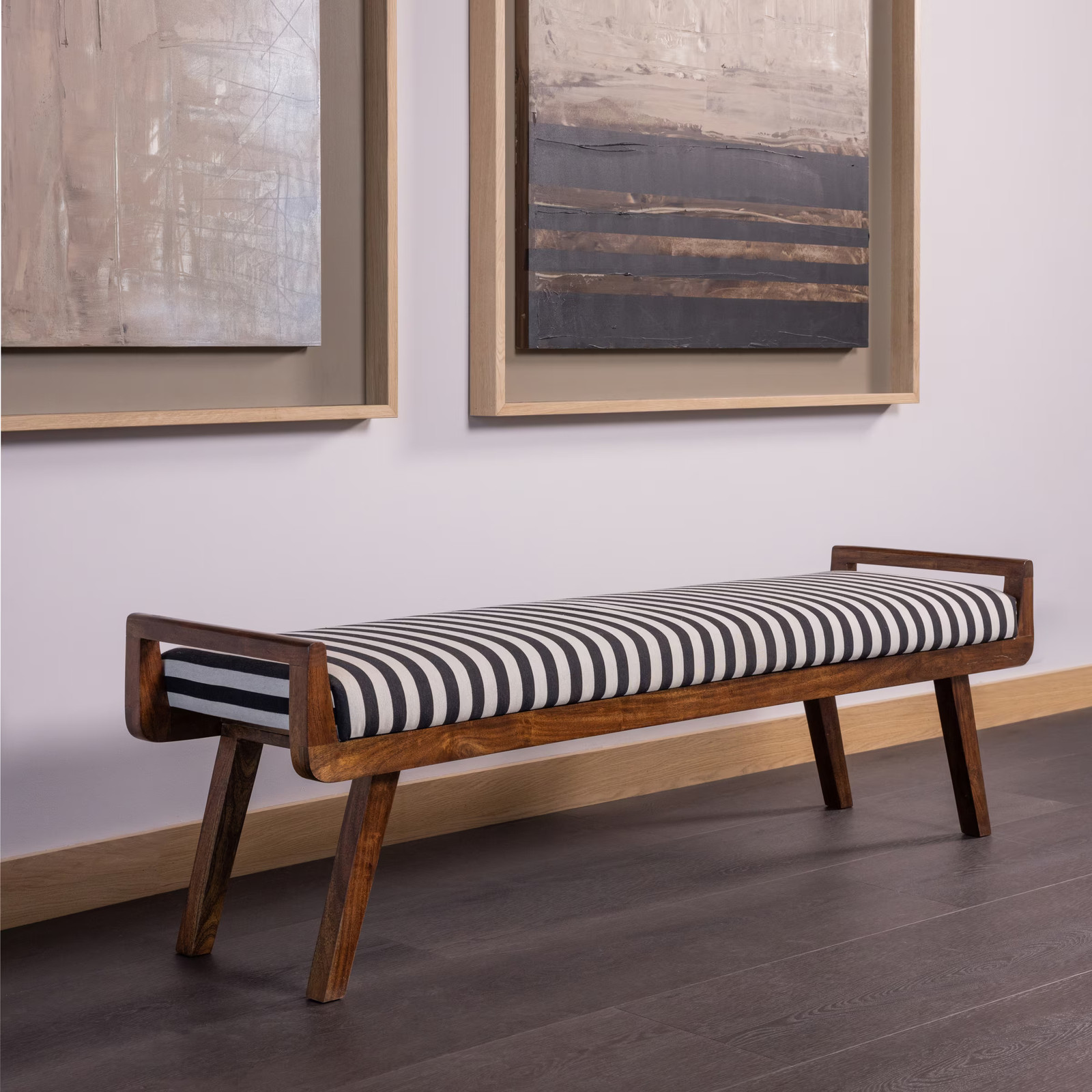 WOOOD Bankje Valo van acaciahout en stof, Zwart, Breedte: 157 cm