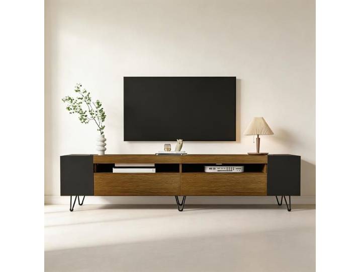 Meuble TV - Modèle 180 cm - Noir & aspect bois - MDF et panneaux - Pour TV 50-59 pouces