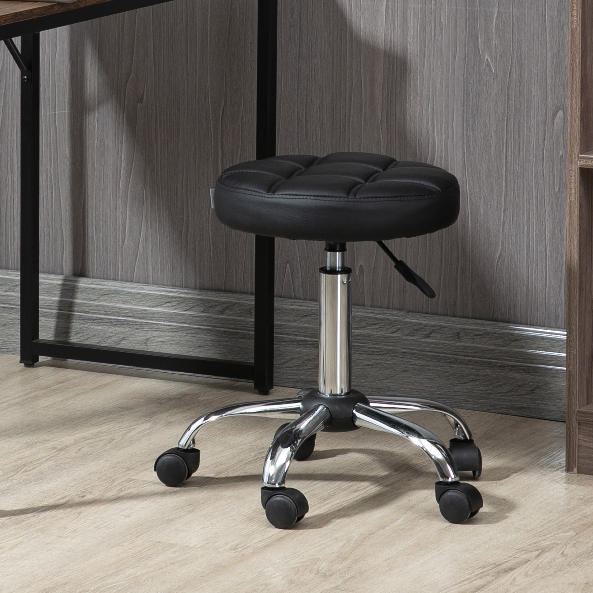 Homcom Sgabello Girevole Rotondo con Ruote, Altezza Regolabile e Rivestimento in Finta Pelle, Nero Aosom