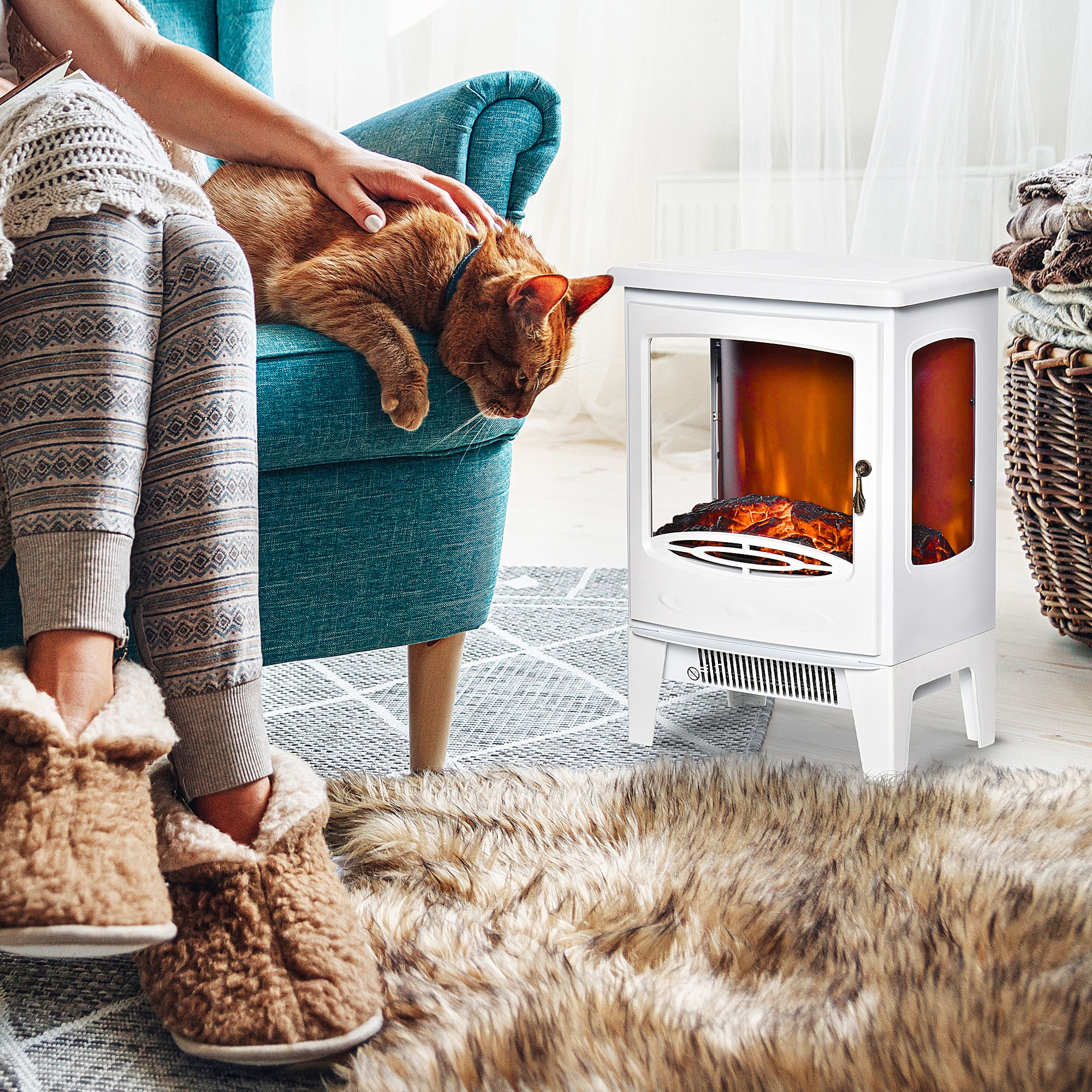 Homcom Camino Elettrico 900W-1800W con Effetto Fiamma, Temperatura Regolabile e 3 Lati Aperti, Copertura 20-25m², 39x26x54.8cm, Bianco   Aosom Italy