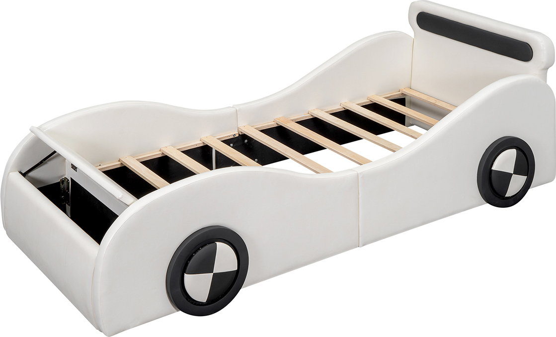 Kinderbett mit leuchtenden Rädern und Stauraum Polsterbett Jugendbett in Form eines Autos PolyurethanOhne Matratze 90x200cm Weiß