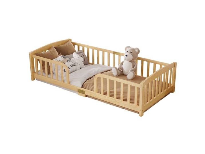 SENVIRO lit au sol enfant 90 x 200 cm en bois de pin et contreplaque avec barrieres de securite et ouverture centrale