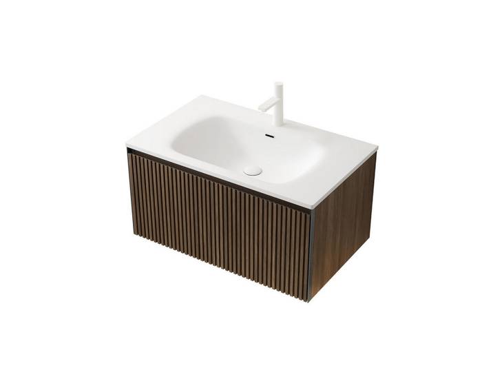 Modfu Waschtischkombi 80x46x41.8cm Brown Oak/Weiß mit Harzbecken & Schwebe-Design, Braun, Keramik, 80x41.8x46 cm, Badezimmer, Waschbecken & Armaturen, Waschtische
