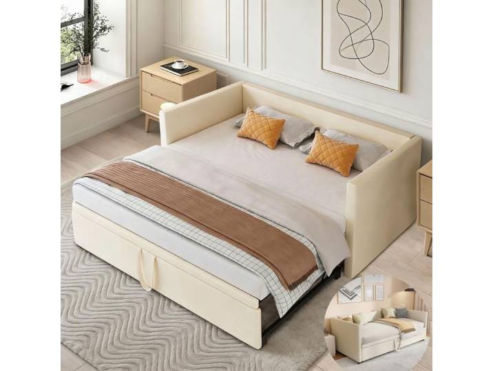 Lit gigogne - KILISKY - 90/180x200 cm - Convertible - Tissu Velours - Beige