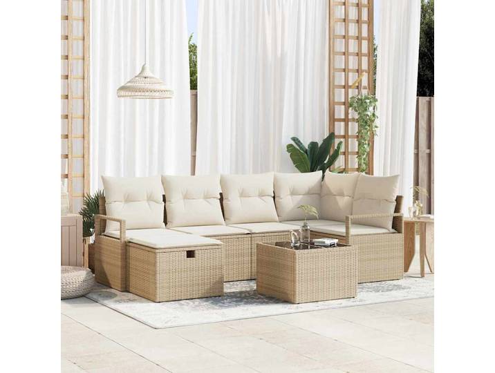 vidaXL Garten-Sofa-Set mit Kissen mit Speicher 7 pcs Beige Poly Rattan