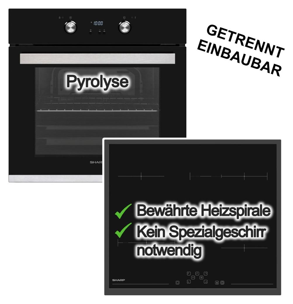 Sharp HERDSET Einbau-Backofen Pyrolyse Schwarz versenkbare Knebel + Glaskeramikkochfeld 60 cm 4 Kochzonen Bräterzone