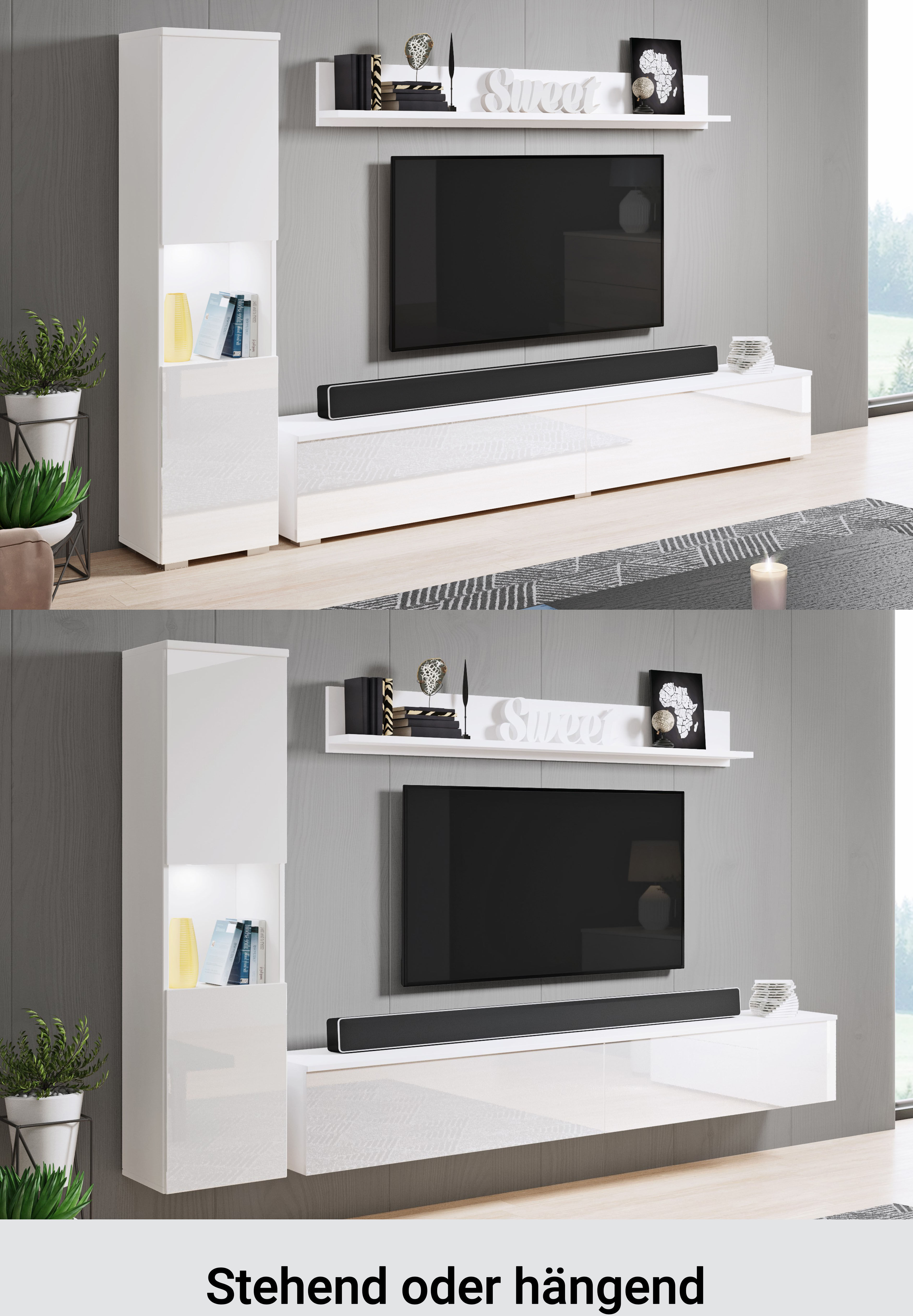 Wohnwand GOODPRODUCT "PARIS, Vitrine Türanschlag links/rechts wechselbar", schwarz (kastanien breslau, schwrz hochglanz), B:220cm H:130cm T:33cm, Kastenmöbel-Sets, Wohnwand, grifflose Design, stehend und hängend montierbar kastanien breslau, schwrz hochgl