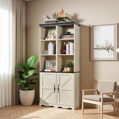 ZWYO HOSIMU "70.9"" Tall MDF Storage Cabinet with Adjustable Shelves, Open Cubbies & Closed Barn Doors, Freely Combinable Bookshelf."