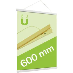 Posterleisten aus Holz, mit Aufhängeschnur und Magnetbefestigung weiß | 600 mm, Kiefernholz