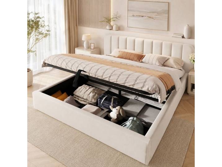 Lit 180x200 cm avec rangement Lit coffre avec LED Lit capitonne avec sommier à lattes Lit 2 Personne Lit adulte Chenille Beige