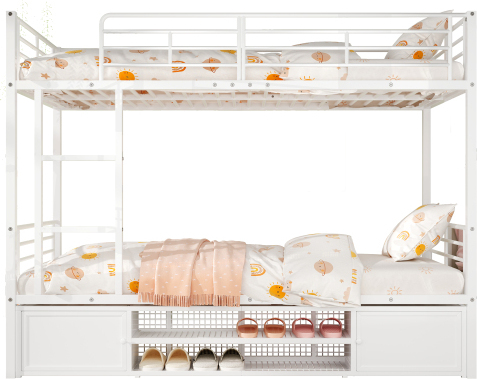 Etagenbett 90x200cm (Mit Matratze) Eisenrahmenbett Weiss Kinderbett mit Seitenleiter mit Fallschutzgitter Offener schuhschrank Doppeltueriger kleiner lagerschrank
