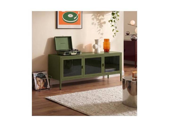 Meuble TV industriel vert olive - SICAAN - 130 x 40 x 55 cm - 3 portes - Verre trempé
