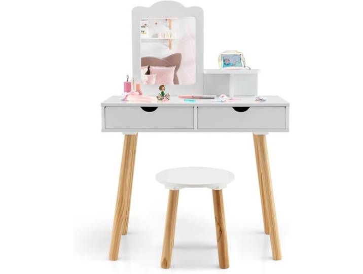 GOPLUS 2 en 1 Coiffeuse Filles avec Tabouret Table de Maquillage et Bureau avec Miroir Amovible 2 Tiroirs Étagère Blanc