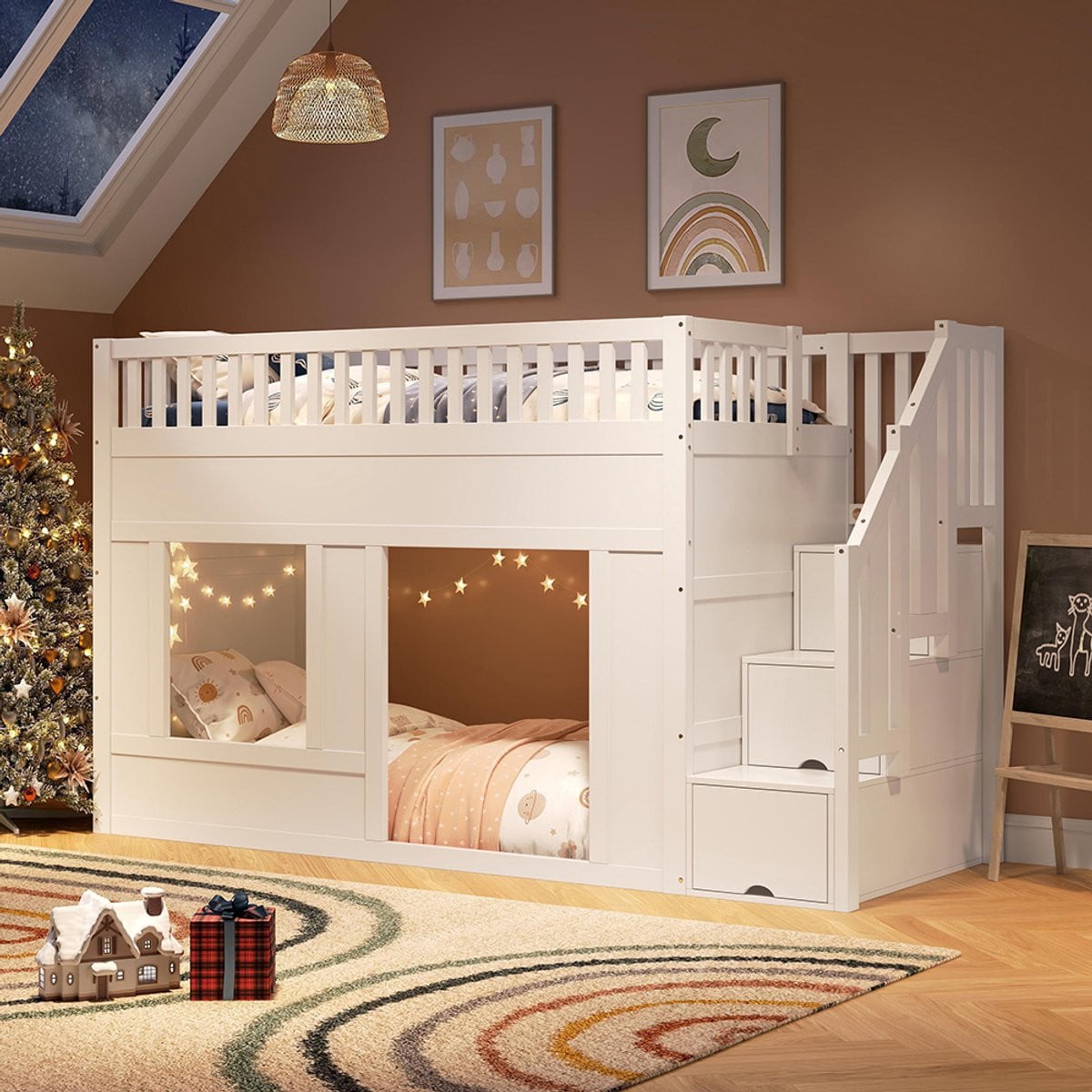 Pugsdrly Multifunctioneel Kinderbed en Stapelbed met Trapkast en Speelruimte, Wit, 90 x 200 cm