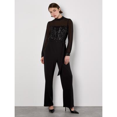 Jumpsuit APRICOT "Jumpsuit mit Paillettenverzierung", Damen, Gr. XS (34), N-Gr, schwarz, Obermaterial: 100% Polyester PES., unifarben, normal normal, Puffärmel, Overalls Jumpsuit, mit Semitransparenz