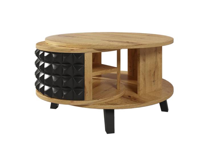 Evryae Couchtisch mit Drehtisch und versteckter interner Ablage mit doppelstöckiger Tischplatte, Naturfarben, Schwarz, 1 Fächer, Rund,Rund, konisch, 80x45.2x85.2 cm, Wohnzimmer, Wohnzimmertische, Couchtische