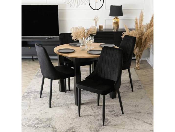 Ensemble comprenant une table ronde extensible HARRY 102-142 cm noir et 4 chaises modernes rembourrées noires BARI