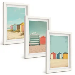 BILDER SET 3er Set - 20x30 cm Weißer Rahmen - Bunte Häuser, Strand, Sonne