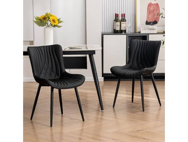 YOUTASTE Esszimmerstühle 2er Set, Kunstleder & Lehne, Küchenstühle Schwarz Bequemer Polsterstuhl mit Metallbeine, Fischschwanz-Design, Essstühle für Esszimmer, Küche, Wohnzimmer