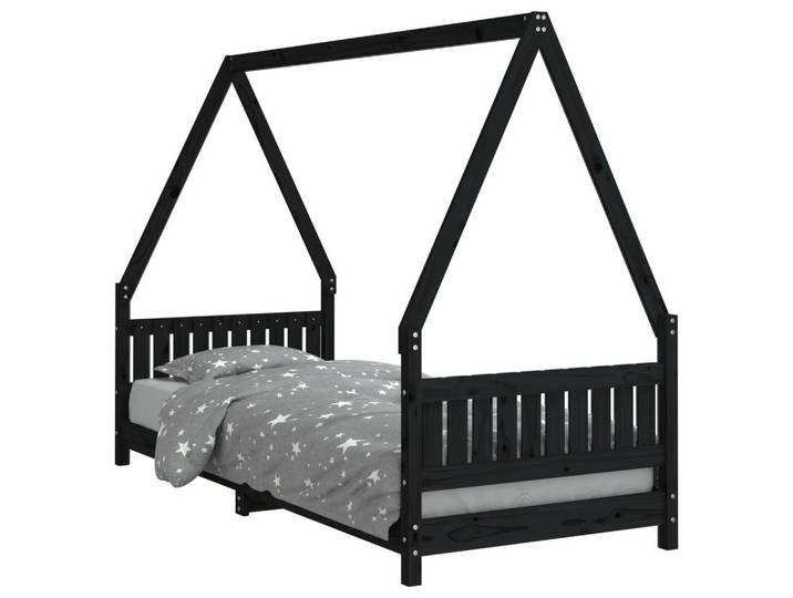furnicato Kinderbett Hausbett 205,5 x 85,5 x 146 cm Schwarz Massivholz (1-tlg), Stabiles Kleinkinderbett mit Vorhangmöglichkeit für mehr Privatsphäre