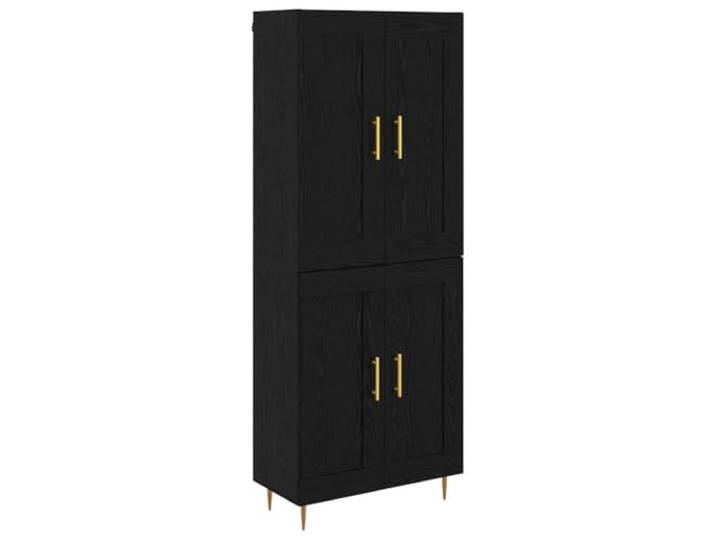 PUGYNBK Hoher Sideboard, Eiche, Schwarz, 69,5 x 34 x 180 cm Langlebiges Holz, funktionale Regale, goldene Akzente, Türen mit Scharnieren, einfache Montage