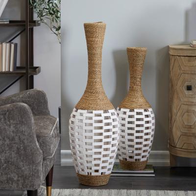 ARCILLA ELEMENTAL Brown Seagrass Handmade Wrapped Tall Floor Vase with Open Framed Cream Bamboo Center