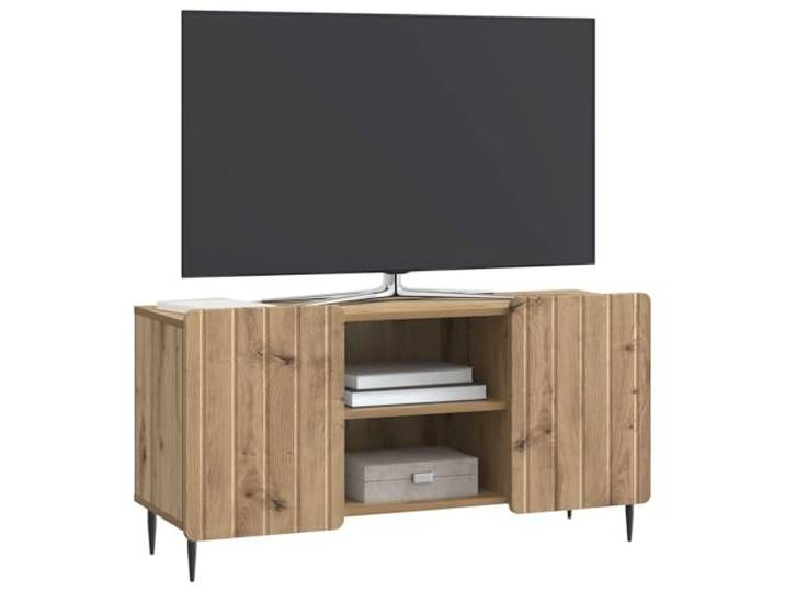 GKHPYURE TV-Schrank Eiche Handwerk 102 x 34,5 x 52 cm Engineered Holz, 2 Türen 90°, schwarze Stahlbeine, viel Platz, Montage erforderlich