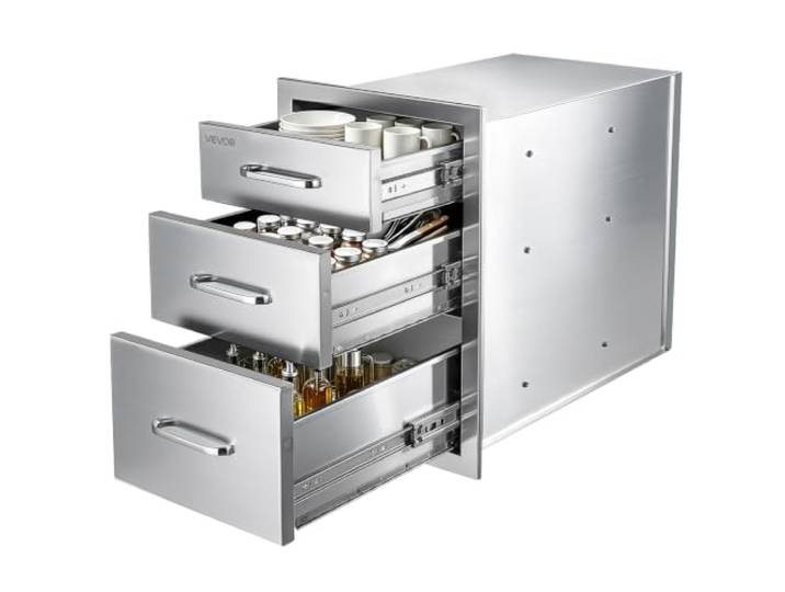VEVOR Outdoor Küchenschubladen 368x521x571 mm BxHxT 3 Schubladen Edelstahl Ideal für Grillinseln, Terrassenbars und Grillstationen, mit Griff, Integrierte Schubladen zur Organisation von Kochgeschirr