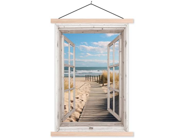 MuchoWow Poster MIT Magnetleisten - Fenster - Meer - Küste - Natur - Ausblick - Strand - Wattenmeer - 60x90 cm, Beige, Textil, Rechteckig, 60x90x0.15 cm, Bilder & Rahmen, Bilder, Wandbilder