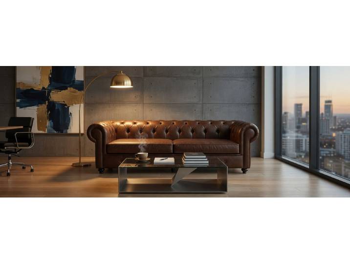Xlmoebel Chesterfield-Sofa Modernes Chesterfield Sofa für 4 Personen in braunem Kunstleder, Chesterfield-Sofa 1 Teile, Made in Europa