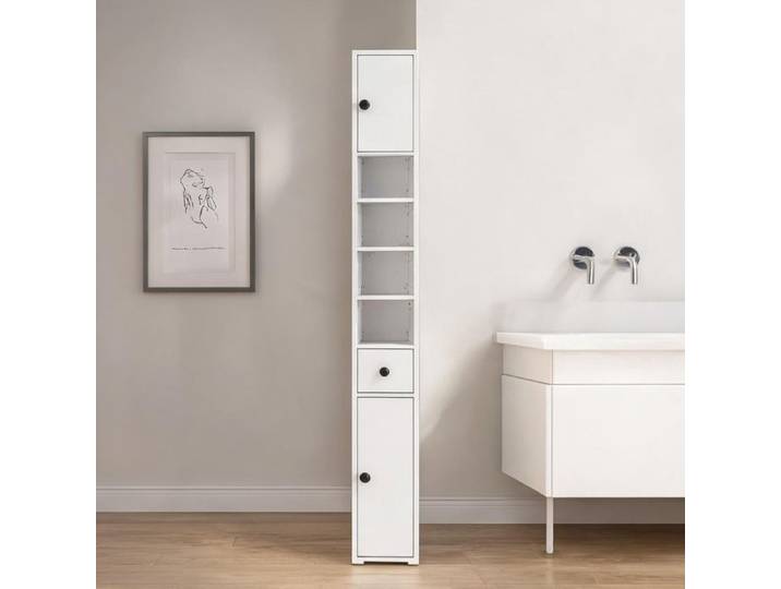 Colonne de rangement étroite blanche 180 cm bois à compartiments et tiroir 20x20 cm