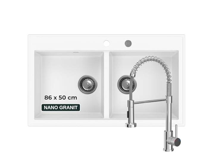 SINK QUALITY Doppelspüle weiß mit Armatur, Granitspüle Doppelbecken 86x50 cm, Doppel Spülbecken mit Siphon und Imprägniermittel, 2 Becken Küchenspüle ab 85er Unterschrank