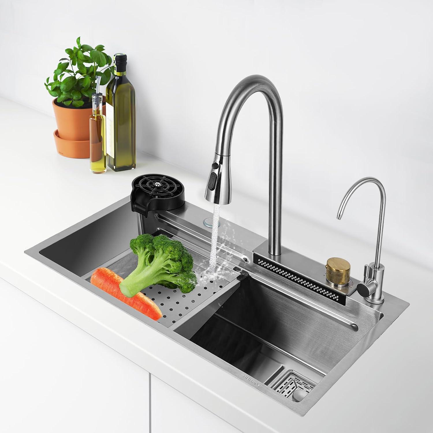 Küchenspüle mit Wasserfall, Edelstahlspüle, Set für Haushaltsanwendungen, integrierte Spüle mit abnehmbarem Wasserhahn
