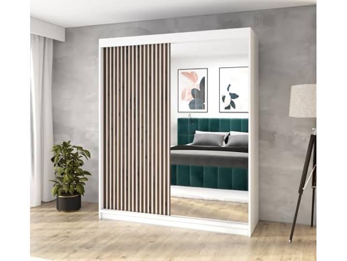 A&J MöbelLand Schwebetürenschrank MIT Kleiderschrank 180 cm mit Spiegel & Holzlamellen (Weiß)